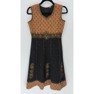 Vintage Style Beaded Paisley Midi Dress Black Orange Gold Embellished Size 36